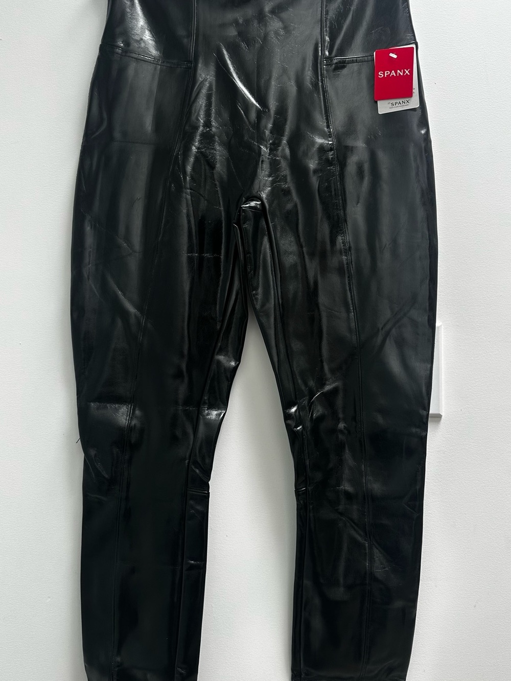 SPANX Shiny Faux Leather Leggings in Black with Red Size Tag